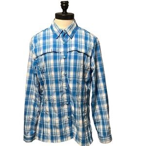 LL BEAN Blue &‎ White Plaid Fishing Shirt - Size M Reg